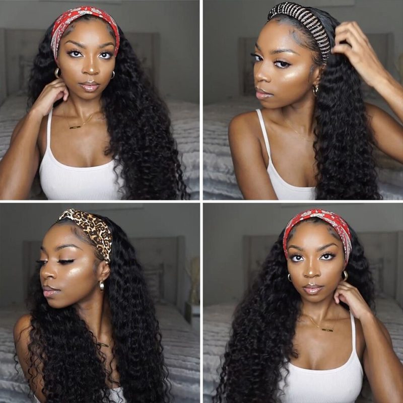 Cheap Headband Wigs Human Hair Deep Wave Scarf Wig Glueless Brazilian Water Wave Remy Hair Full