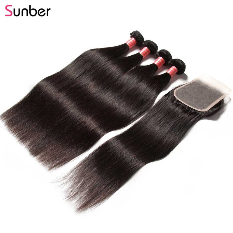 Sunber Hair Bundles With Closure Remy Human Hair Extension 8 28 inch 3 4 Bundles withTransparent