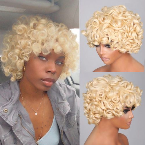 sunber hair 613 blonde short bouncy rose curly wig with bangs glueless human hair wig model share